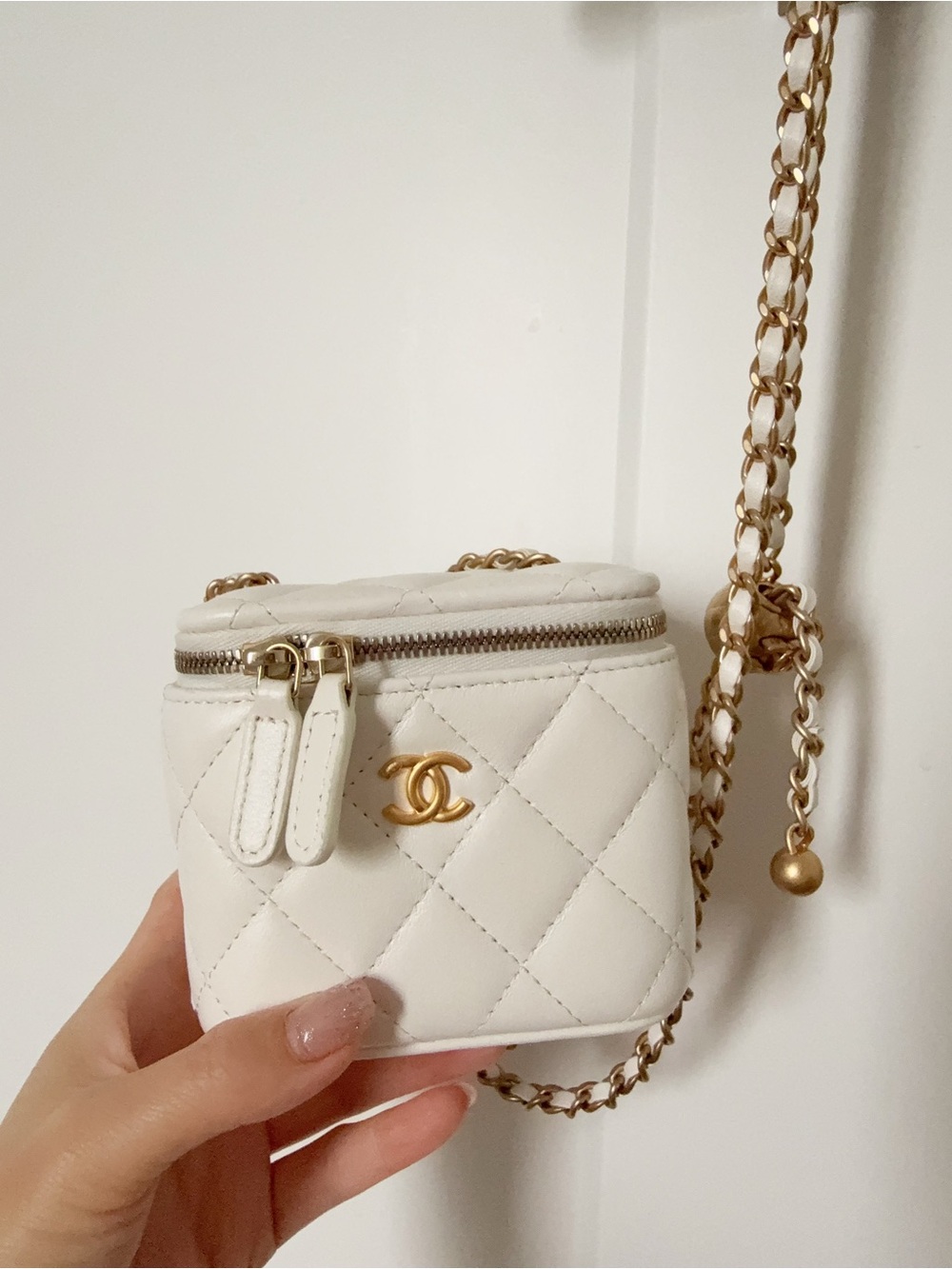 CHANEL Cream Quilted Mini Vanity Bag with Gold Chain